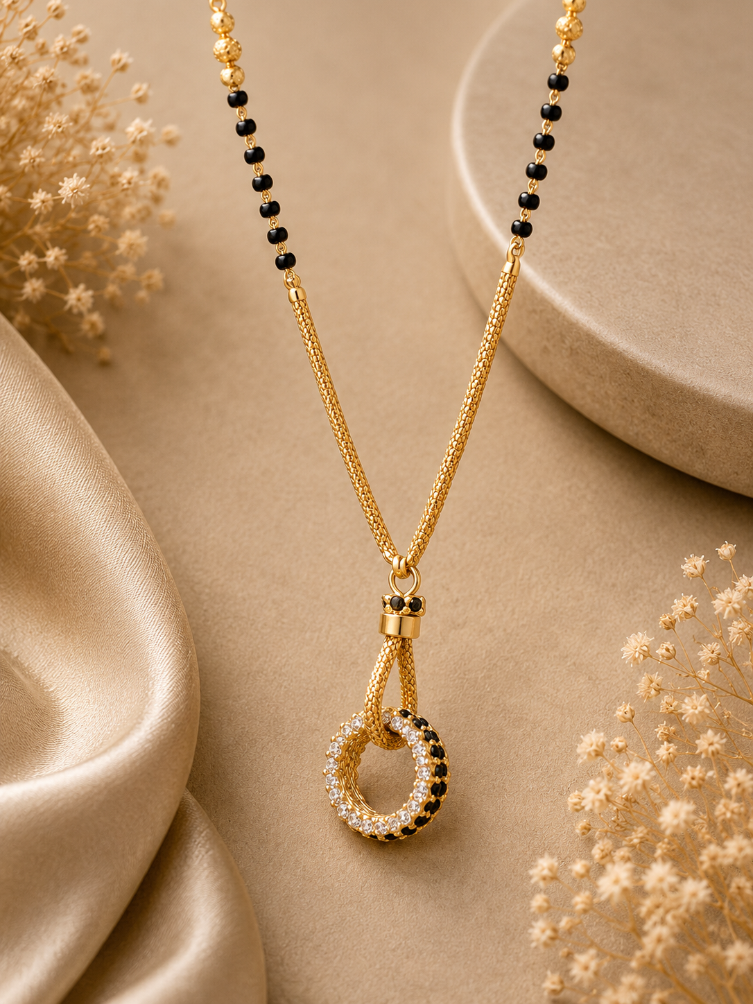 ✨ Golden Black Beaded Pendant Necklace