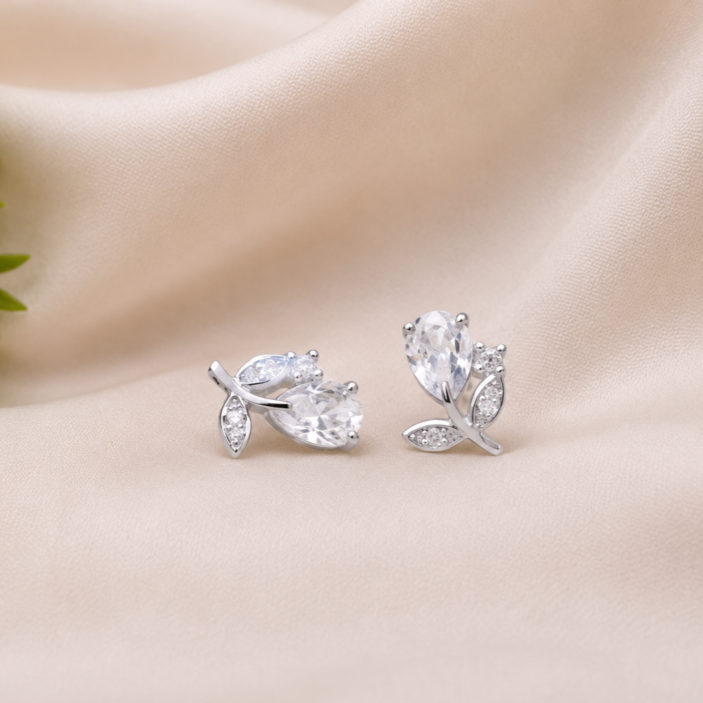 Silver Leaf Crystal Earrings