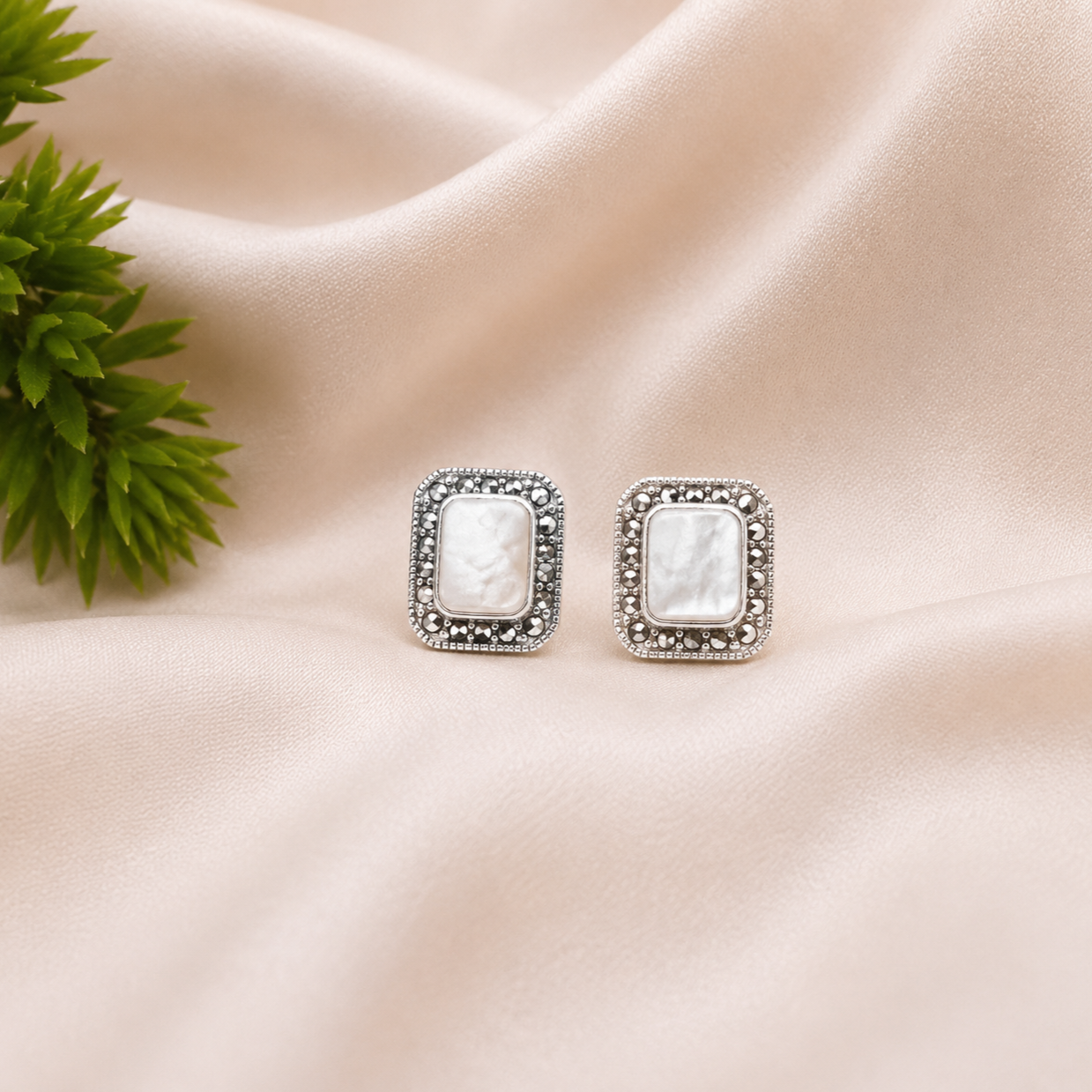 Pearl Rectangle Silver Stud Earrings