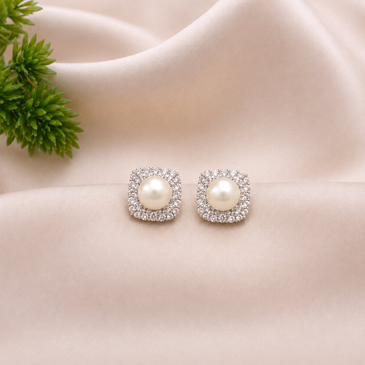 Elegant Pearl Square Stud Earrings —