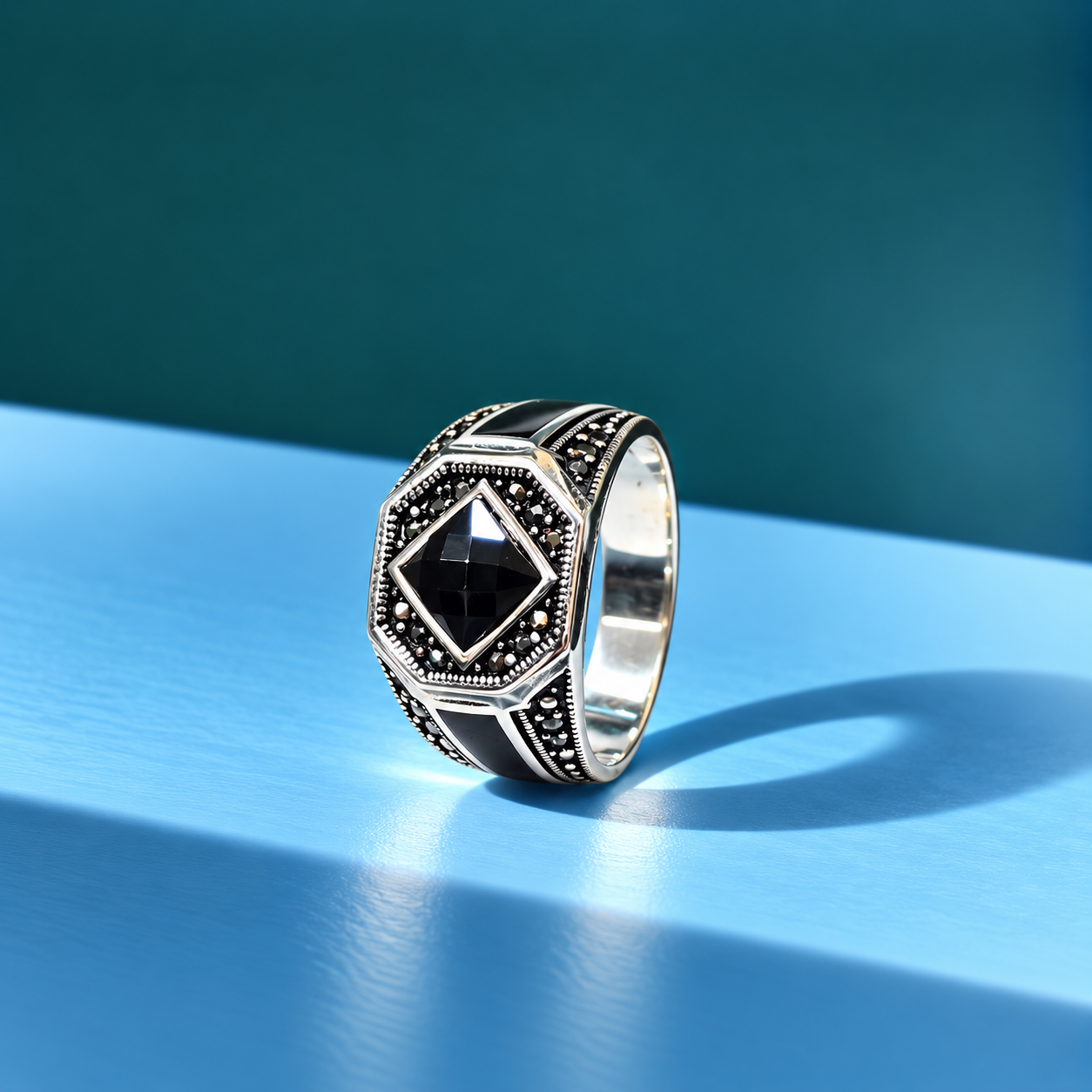 Black Onyx Geometric Sterling Silver Ring