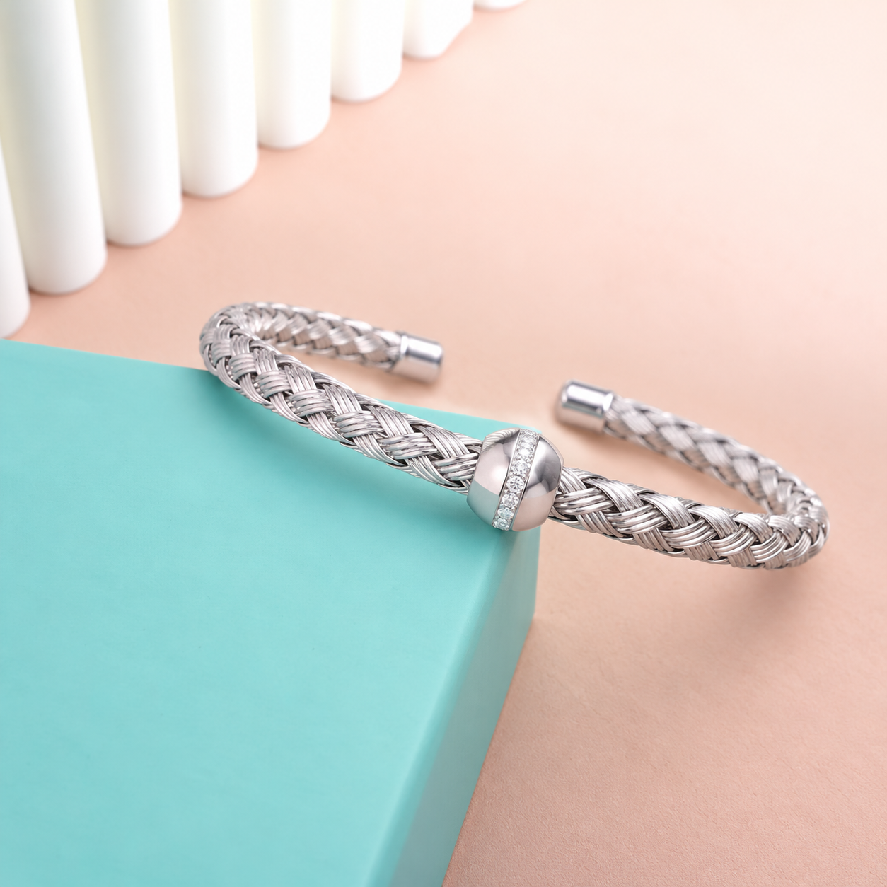 ✨ Silver Braided Crystal Cuff Bracelet