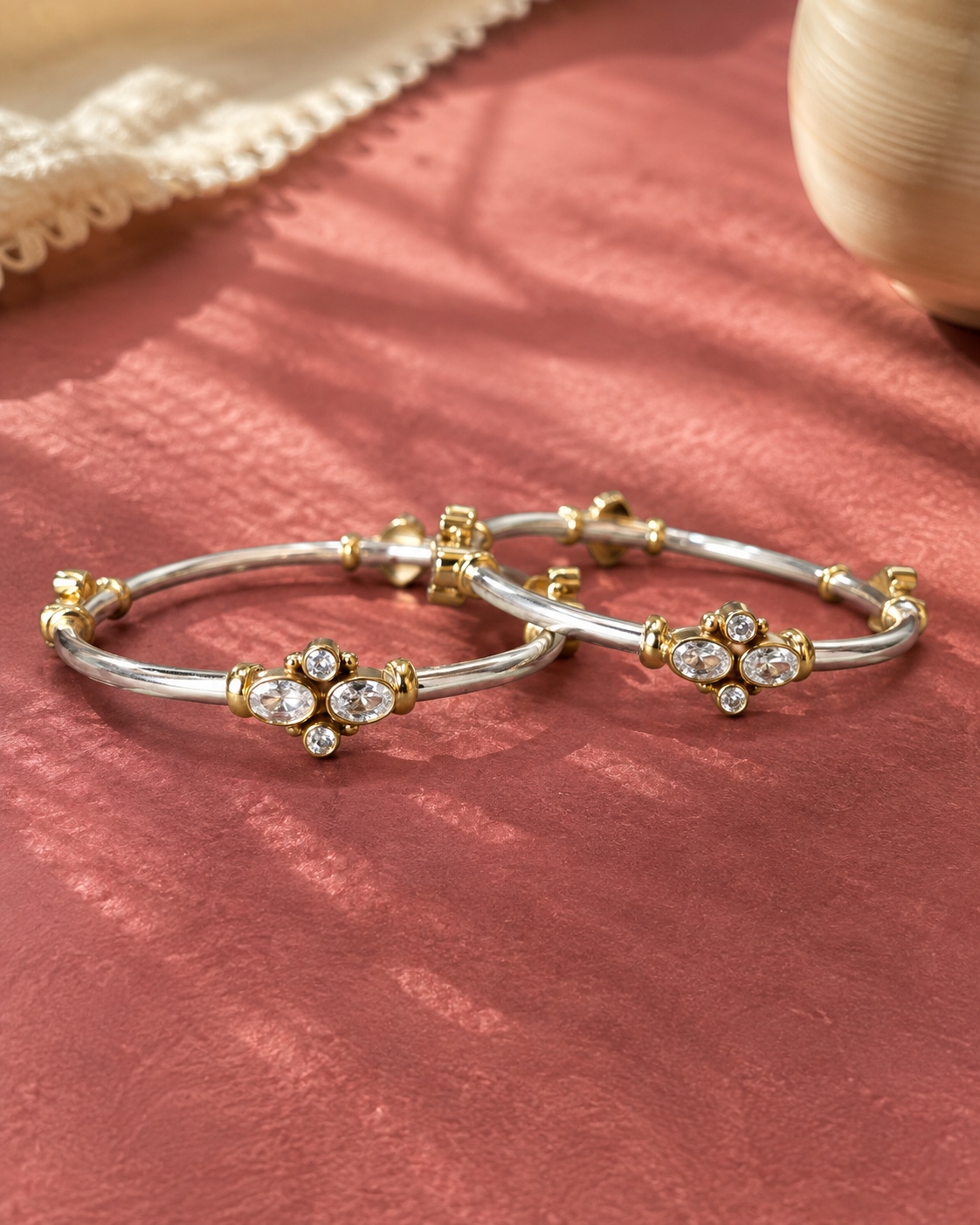 Elegant Gold & Silver Crystal Floral Bangles ✨