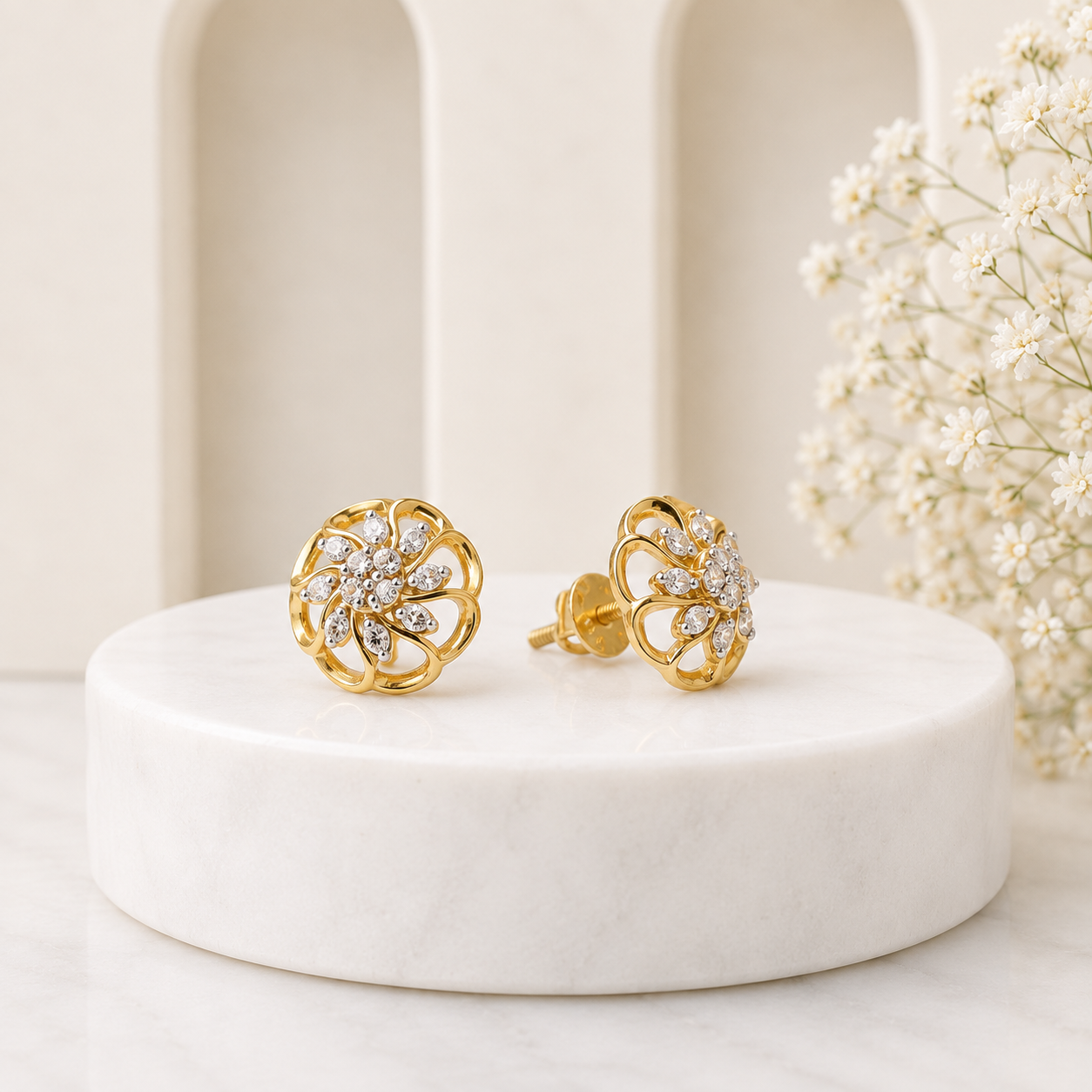 ✨ Golden Floral Crystal Studs