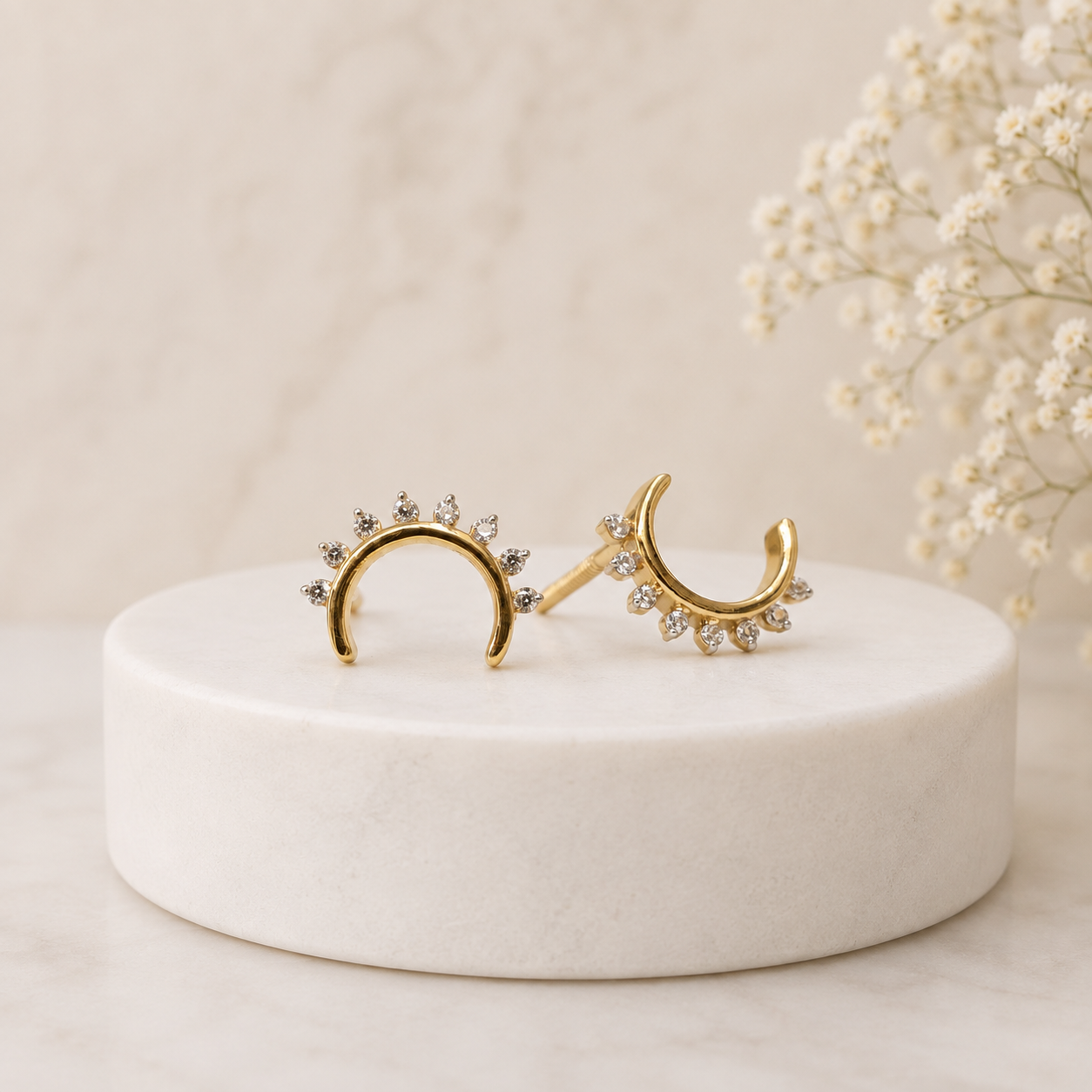 ✨ Golden Crescent Crystal Studs